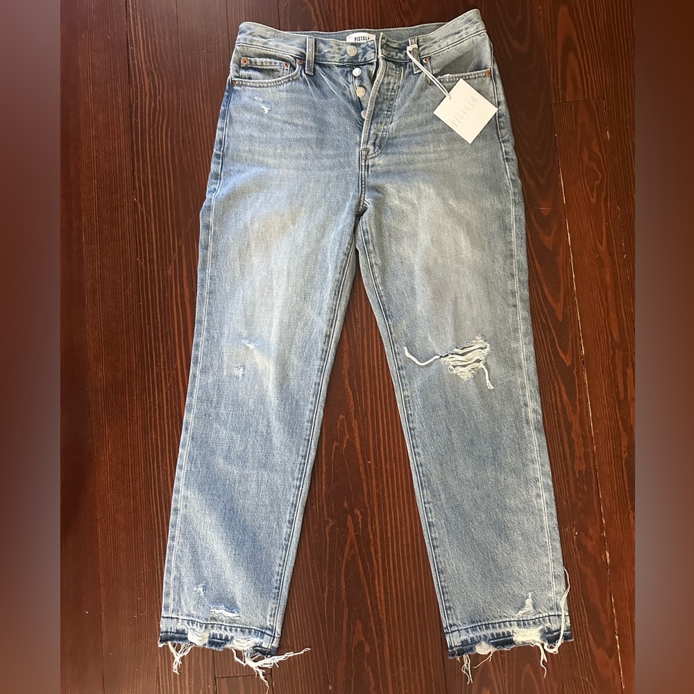 Pistola Light Blue Distressed Straight Leg Jeans cropped